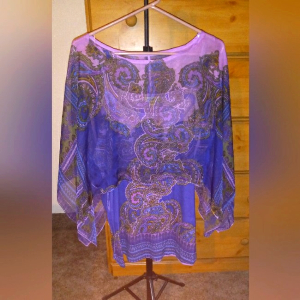 One World Tank Top With Scarf Poncho Cover 1x Purple Paisley Lightweight